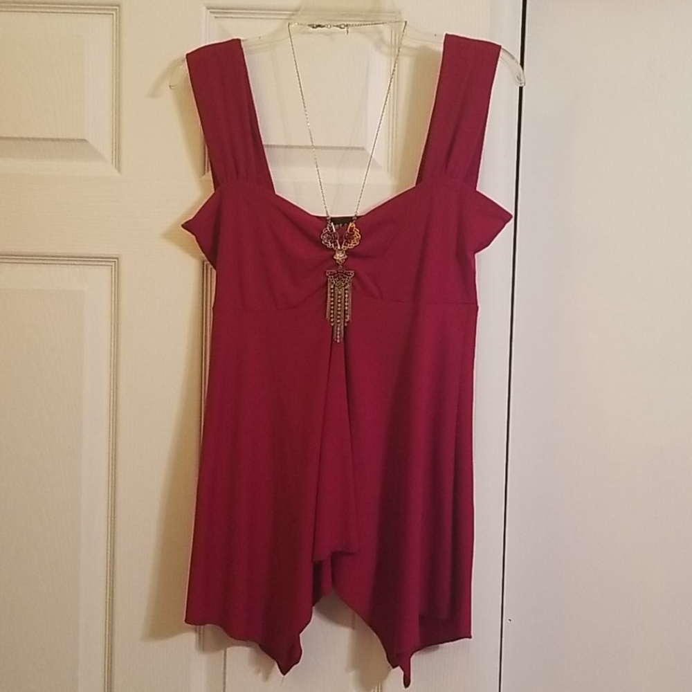 Wet Seal Red Flowy Top with removable Bejeweled Brooch Necklace
